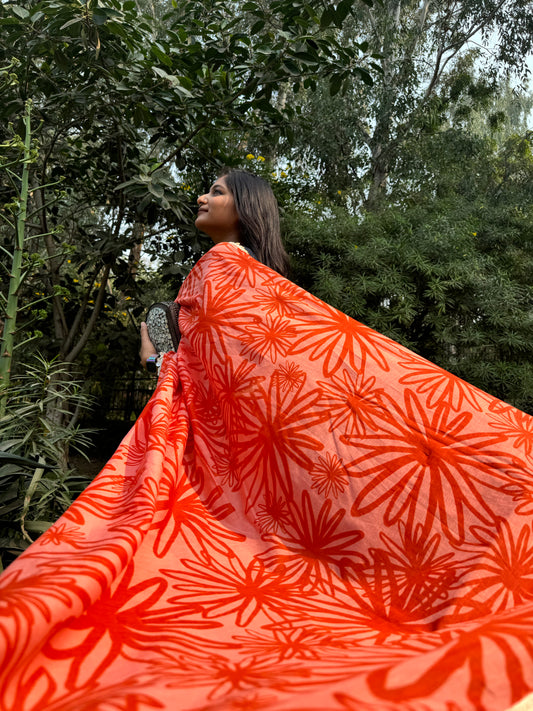 Blooming Red Florals Saree Chanderi