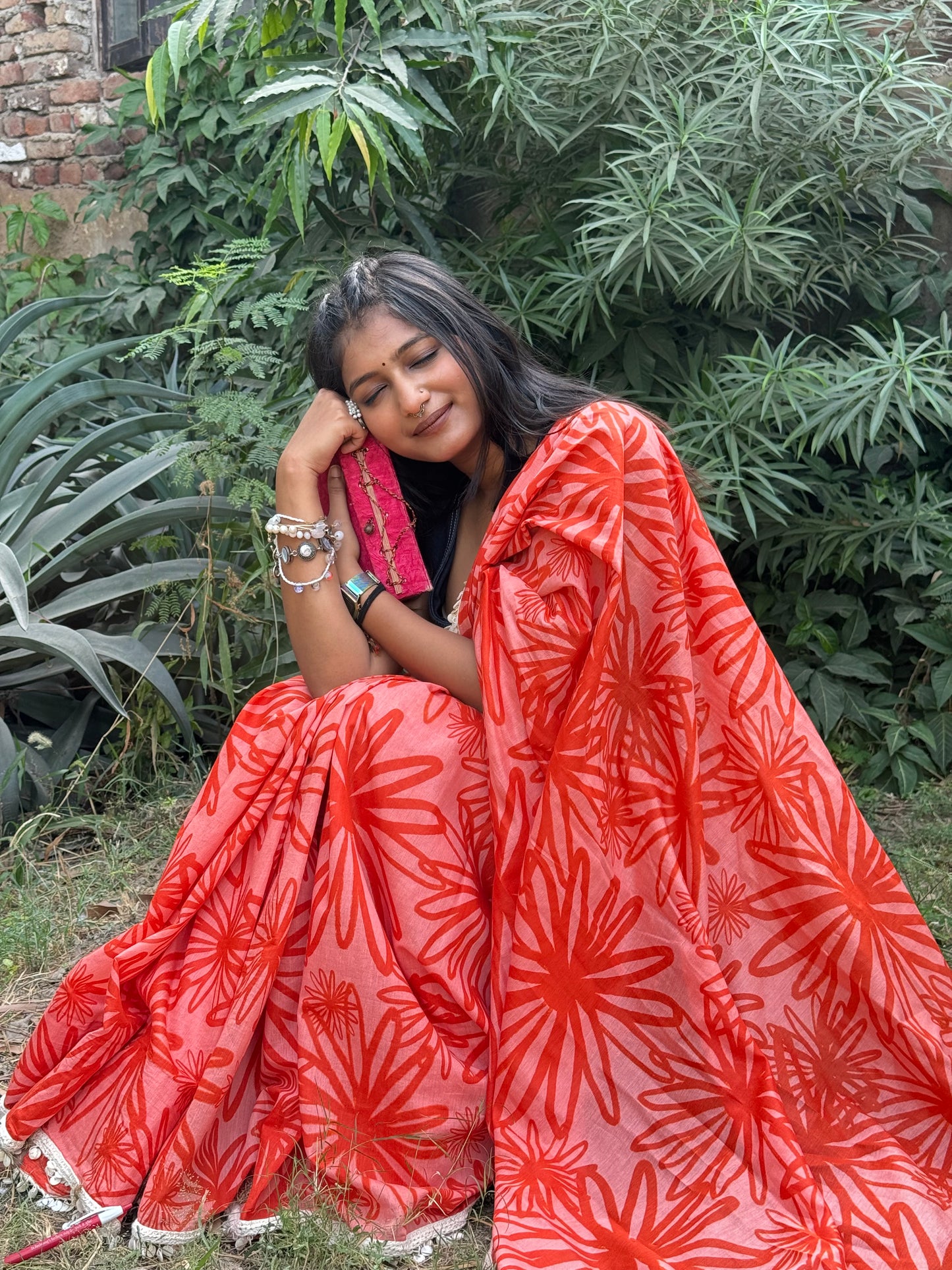 Blooming Red Florals Saree Chanderi