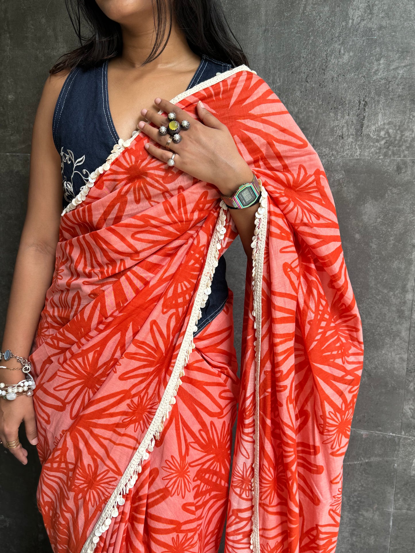 Blooming Red Florals Saree Chanderi